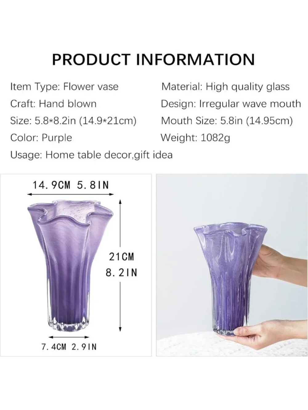 Elegant 8'' Purple Blown Glass Flower Vase | Modern Centerpiece for Home